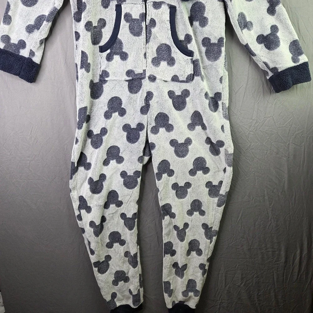 Disney Mickey Mouse Fleece Onesie Union Suit Womens L Grey Navy Excellent Hood - Picture 3 of 15